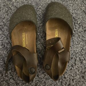 RARE / HTF Birkenstock Messina Grey Wool & Brown Leather Clogs Size 36